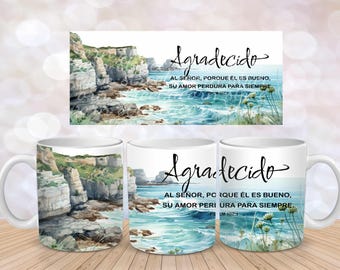 Christian Bible Verse Mug Wrap Ocean Sublimation Design Download 11 oz 15 oz Mug Wrap Design PNG, Agradecido, Al Senor