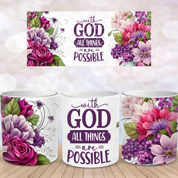 Fuschia Purple Christian With God Religious Wildflower Flower Sublimation Instant Digital Design Download 11 oz 15 oz Mug Wrap Design - PNG