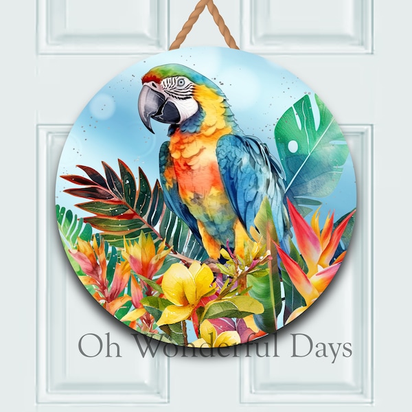 Parrot Tropical Island Flowers Welcome Floral Round Sublimation Door Hanger PNG Design, Welcome Round PNG Digital Download, Coaster, Wreath