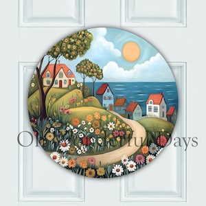 Folk Art Sea Ocean House Flowers Welcome Sign Round Sublimation Door Hanger PNG Design, Round PNG, Digital Download, Wreath Sign