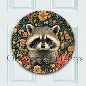Folk Art Raccoon with Flowers Welcome Sign Round Sublimation Door Hanger PNG Design, Round PNG, Digital Download, Wreath Sign