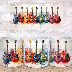 Guitar Line with Watercolor Music Lover Mug Wrap Sublimation Design Download 11 oz 15 oz Mug Wrap Design Mug PNG