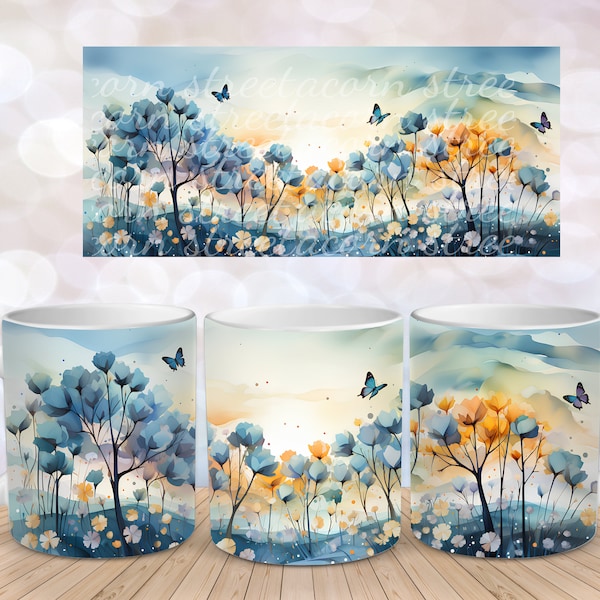 Blue FlowerTree Meadow Flower Sunset 1 Sublimation Instant Digital Design Download 11 oz 15 oz Mug Wrap Design - PNG Flower Mug PNG