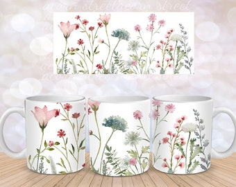 Wildflower Pink Blue Flower Sublimation Instant Digital Design Download 11 oz 15 oz Mug Wrap Design - PNG