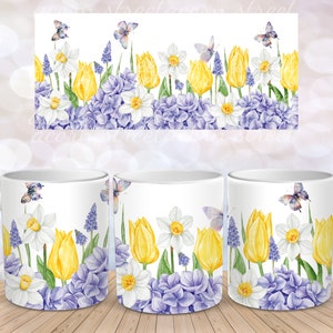 Daffodils Tulips Purple Butterfly Hydrangea Hyacinth Flower Sublimation Instant Digital Design Download 11 oz 15 oz Mug Wrap Design - PNG