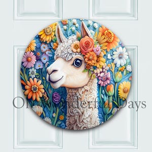 Folk Art Alpaca With Flower Crown Welcome Sign Round Sublimation Door Hanger PNG Design, Round PNG, Digital Download, Coaster, Wreath Sign