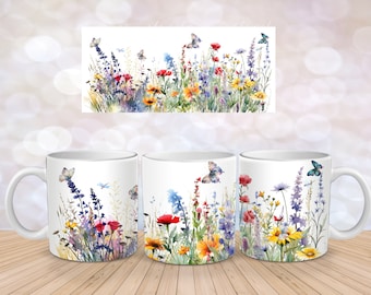 Flores Silvestres Margarida Mistura Borboleta Campo Sublimação De Flores Design Digital Instantâneo Baixar 11 onças 15 onças Caneca Wrap Design PNG