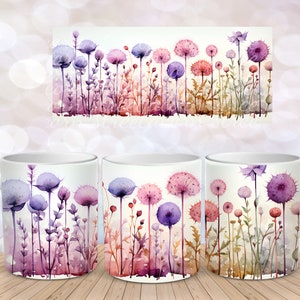 Pastel Rainbow Dandelion Wildflower Flower 3 Sublimation Instant Digital Design Download 11 oz 15 oz Mug Wrap Design PNG Flower Mug PNG