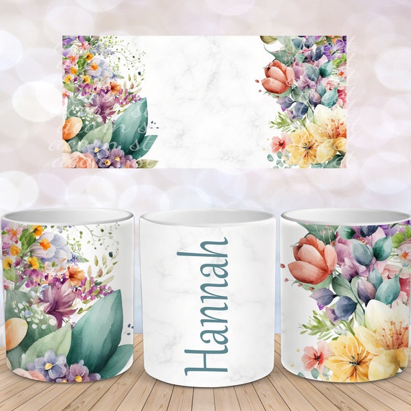 Bouquet d'été Floral Ajouter votre nom Wildflower Field Flower Sublimation Instant Digital Design Download 11 oz 15 oz Mug Wrap Design - PNG