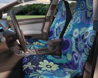 Fundas para asientos de coche con estampado floral azul en forma de corazón / Diseño bohemio hippie psicodélico