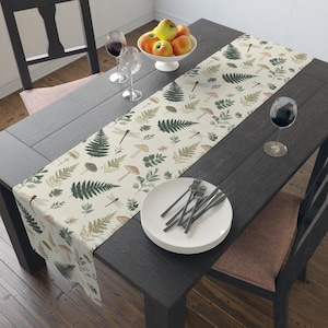 Mushroom and Fern Pattern Table Runner | Botanical Woodland Linen