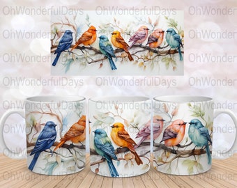 Aquarela Pássaros Vibrantes em Galho de Árvore Caneca Design de Sublimação Baixar 11 onças 15 onças Caneca Wrap Design Caneca PNG