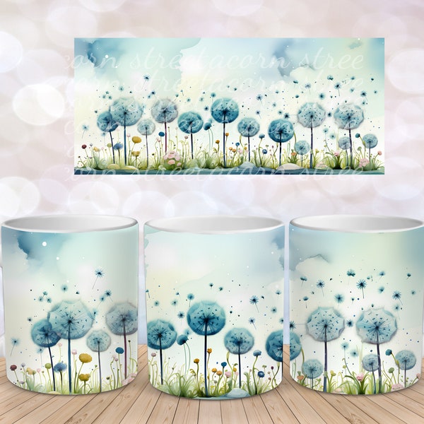 Pastel Blue Dandelion Wildflower Flower Sublimation Instant Digital Design Download 11 oz 15 oz Mug Wrap Design PNG Flower Mug PNG