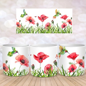 Red Poppy Hummingbird Ladybugs Blossoms Garden Spring Flower Sublimation Instant Digital Design Download 11 oz 15 oz Mug Wrap Design - PNG