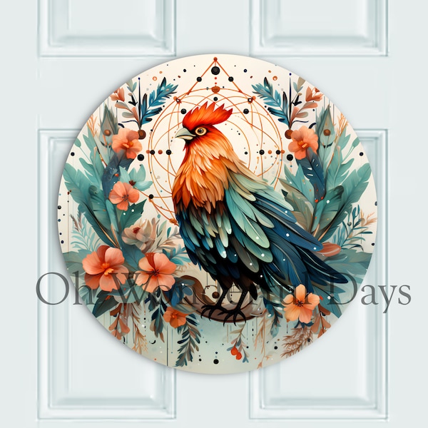 Rooster Chicken Teal Peach Flowers Welcome Sign Round Sublimation Door Hanger PNG Design, Round PNG, Digital Download, Coaster, Wreath Sign