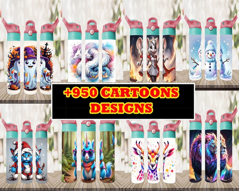 May include: Set of 10 colorful water bottles with various cartoon designs. The designs include a ghost, a dragon, a mouse, a snowman, a unicorn, a deer, and a lion. The text '+950 Cartoons Designs' is displayed on the image.