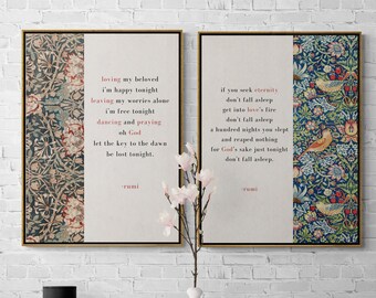 Rumi Art Gift, Rumi's "If You Seek Eternity" and "Loving my Beloved" Poem Set on William Morris Art, Mevlana's Saying (two) Set