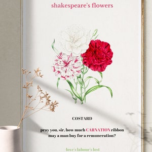 Shakespeares blomcitat med nejlikillustration i bakgrunden, utskrivbar väggkonst i tvättstugan, estetiskt akvarellcitat