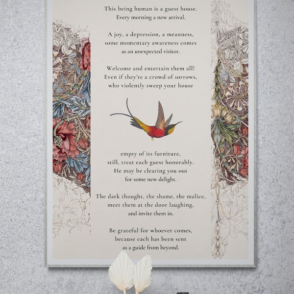 Rumi Quote Decor Gift, "Guest House" Inspirerend Gedicht Poster op William Morris illustratie.