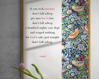 Rumi Positive Quotes Print, Rumi's 'If You Seek Eternity' Poem with William Morris Art, Rumi Poem Poster, Mevlana's Abstract Print Gift.