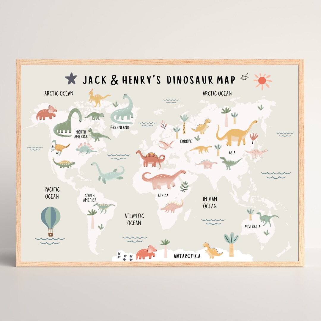 Dinosaur World Map Print Dinosaur Maps Animals of the World Etsy UK