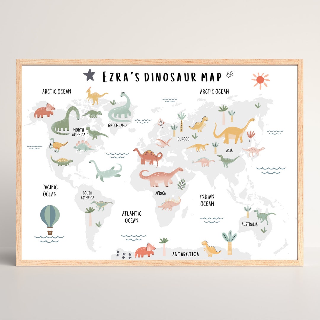 Dinosaur World Map Print Dinosaur Maps Animals of the World Etsy UK