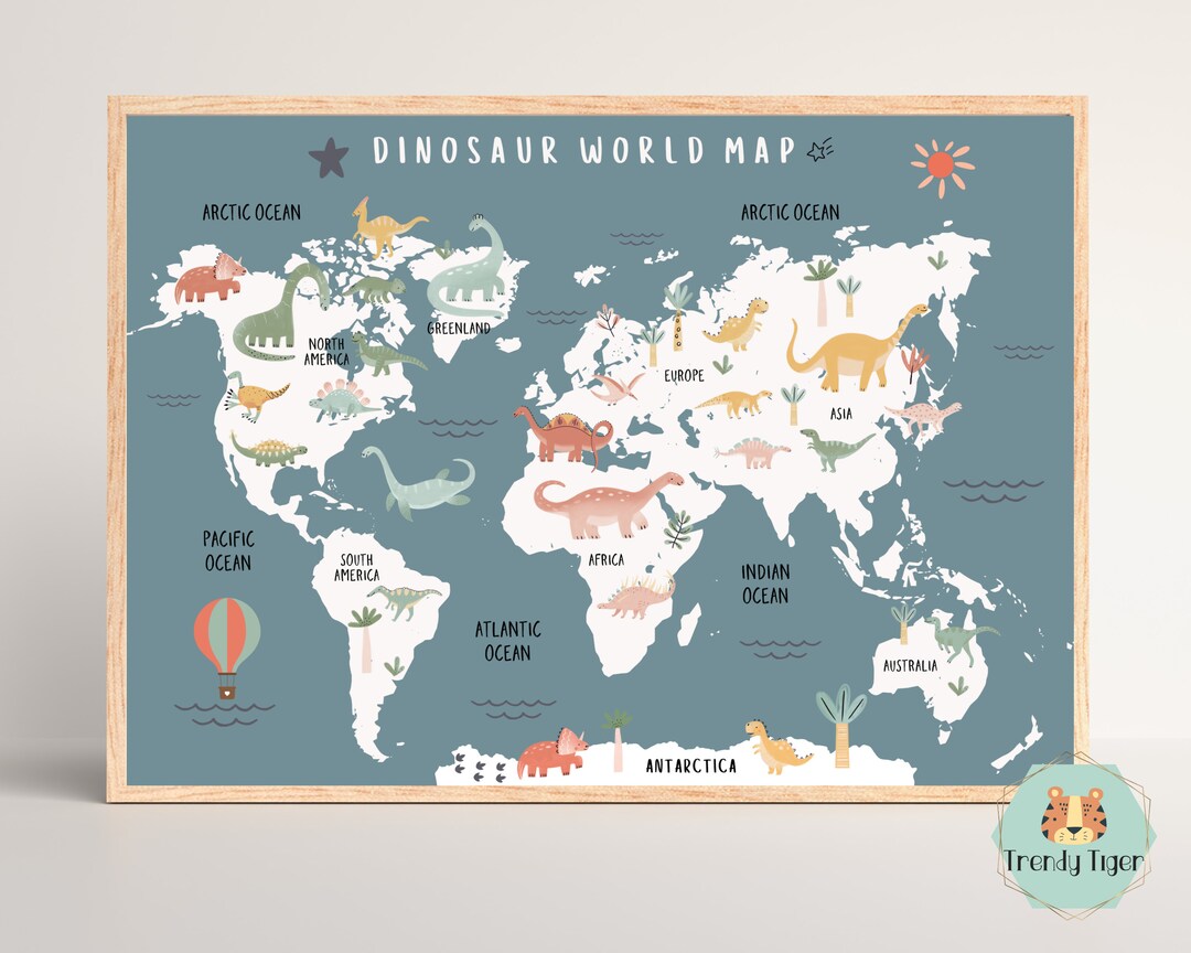 Dinosaur World Map Print Dinosaur Maps Animals of the World Etsy UK