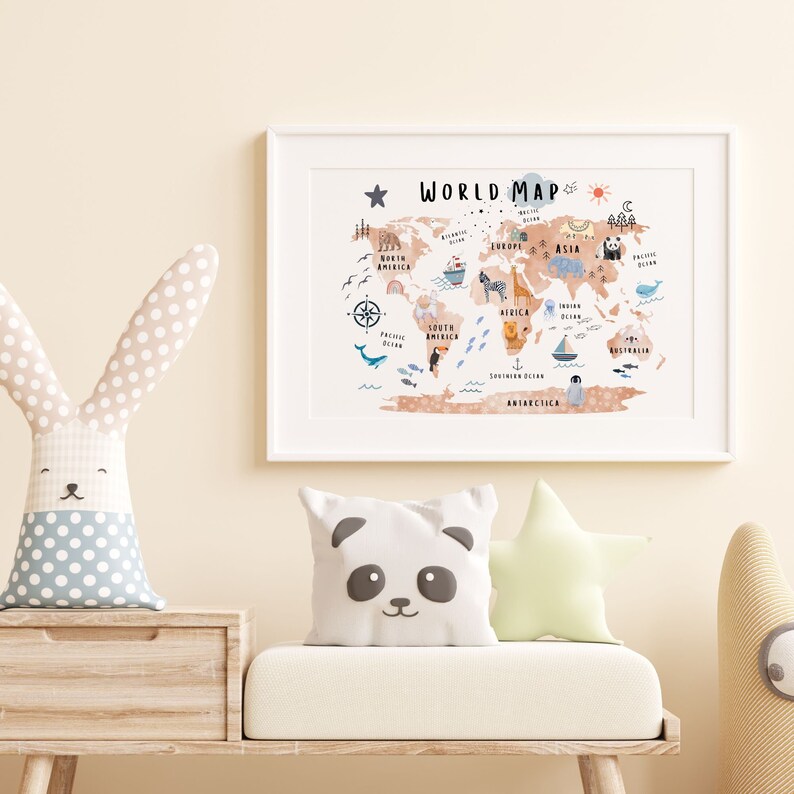 Animal World Map Print Kid's World Map Educational Etsy