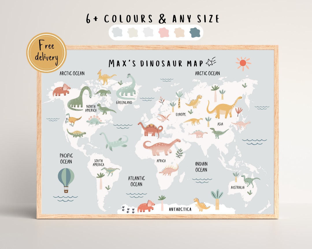 Dinosaur World Map Print, Animal World Map, Nursery Wall Art, Kids Bedroom Map, Dinosaur Bedroom
