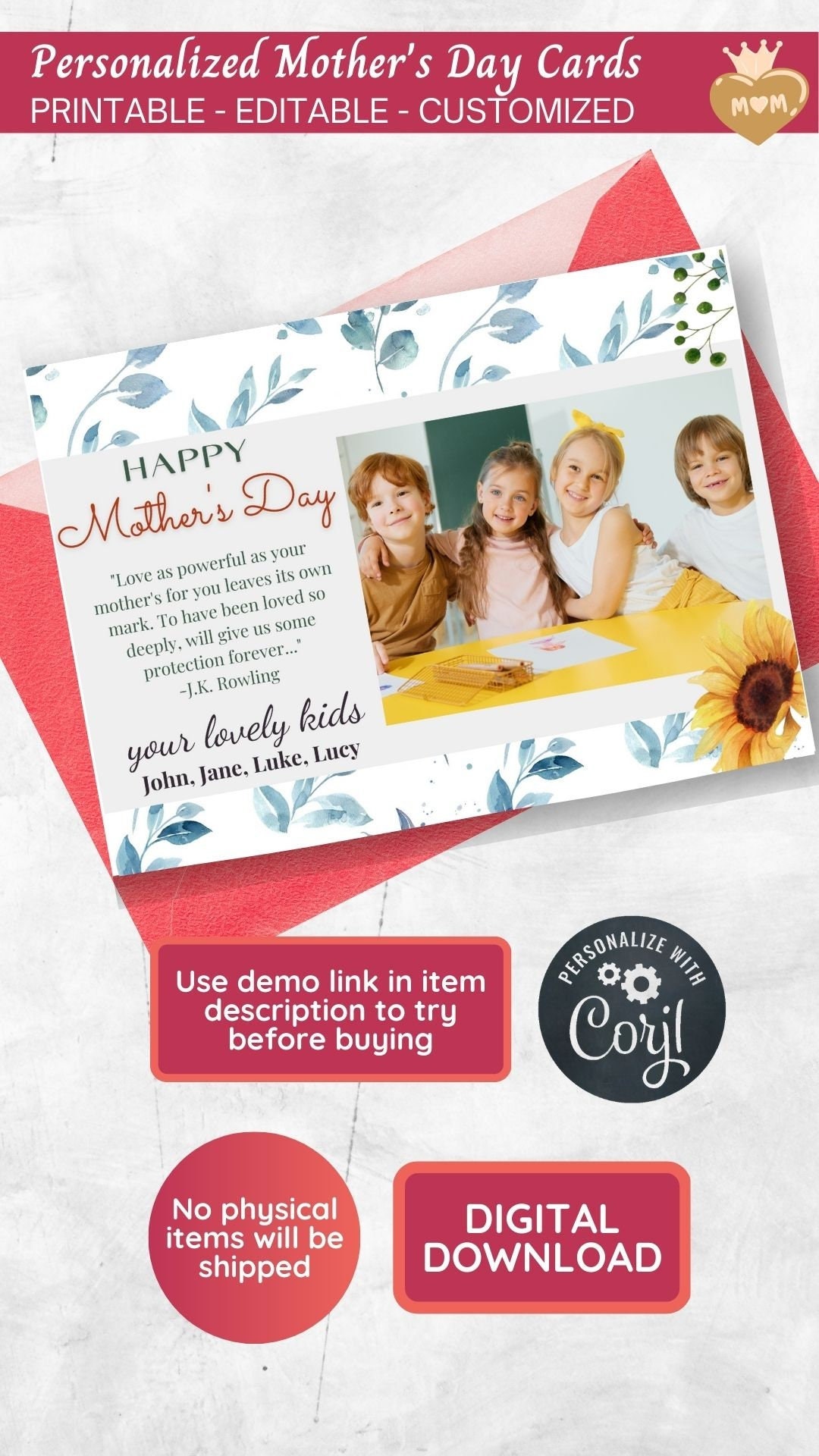Printable PERSONALIZED MOTHER'S DAY Card Photo Editable Mother's Day ...