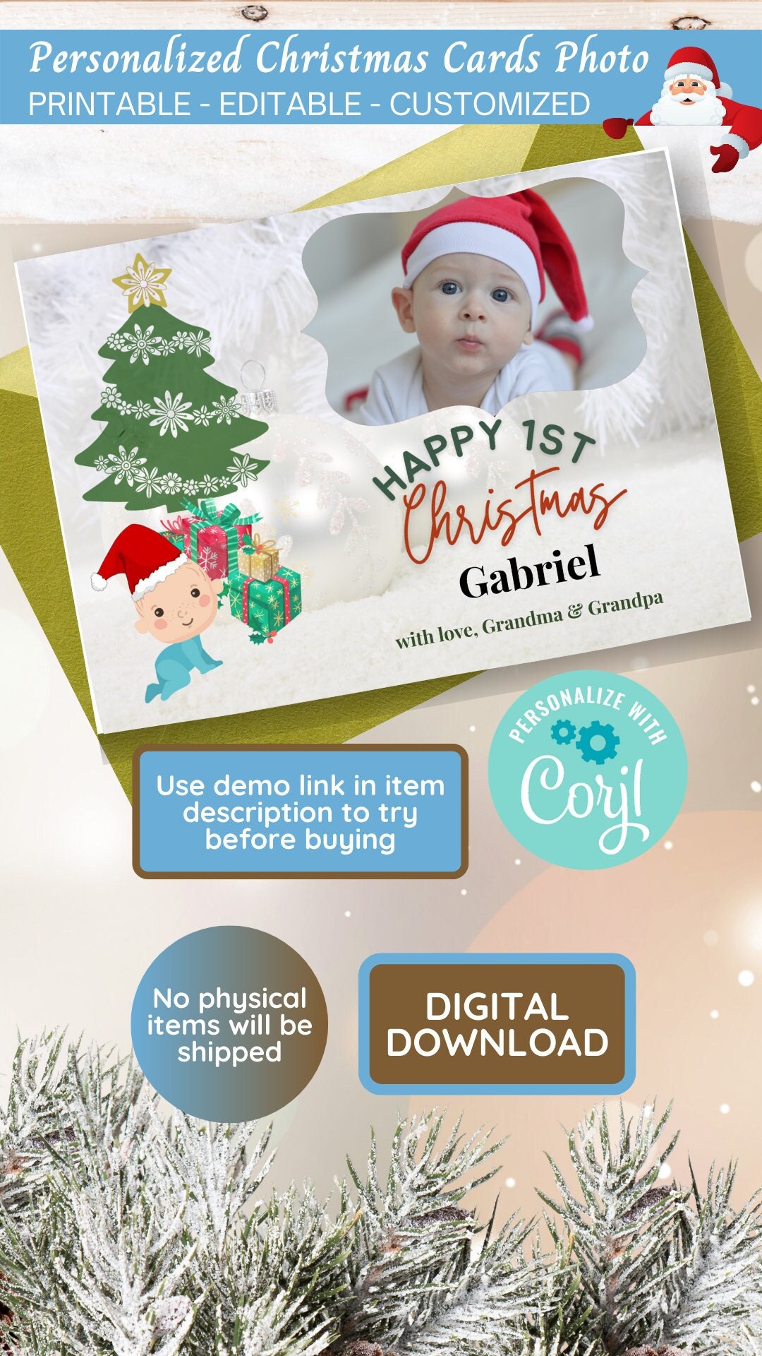 Printable PERSONALIZED CHRISTMAS CARD Photo Baby's First Christmas Card ...