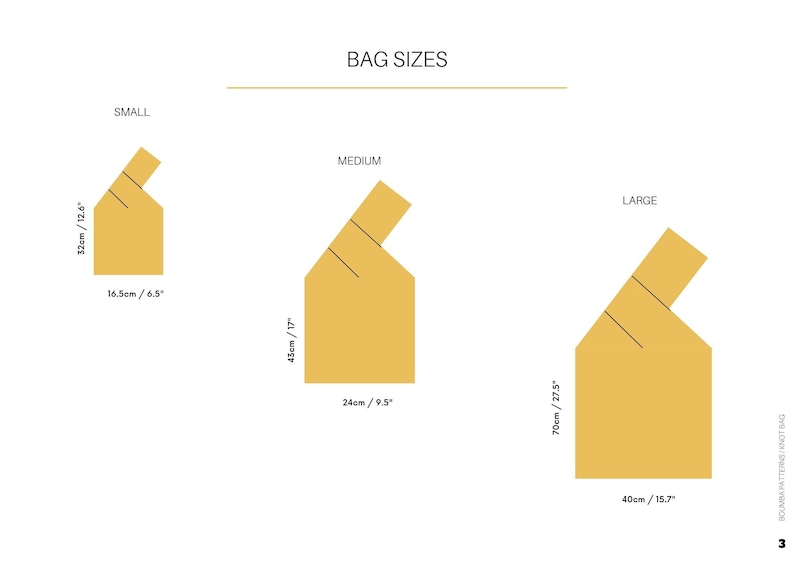 May include: Diagram showing three different sizes of bags with measurements in inches and centimeters. The bags are yellow and have a simple design.