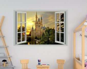 3D Window Disney Castle Home Vinyl Wall Decal Bedroom Graphics Sticker Decor