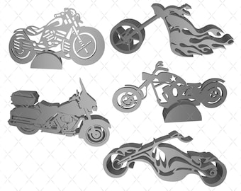 May include: Five 3D printed motorcycle models in silver. The models are of different styles, including a chopper, a cruiser, and a touring bike. The models are all on a white background.