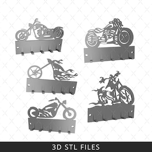 May include: Set of four 3D printable motorcycle key racks. Each rack features a different motorcycle design with a silver finish. The racks have five hooks for hanging keys.