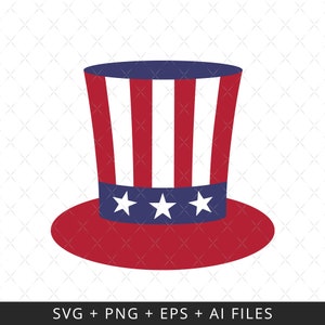 May include: A red, white, and blue Uncle Sam hat with three white stars on the band. The hat is a traditional symbol of American patriotism.