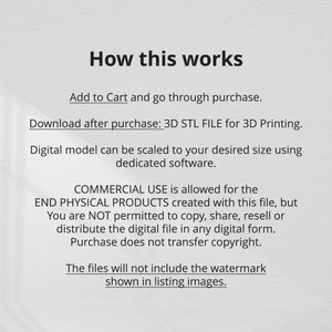 以下が含まれることがあります： 3Dプリント用の3D STLファイルをどのように購入してダウンロードするかを説明するテキスト。このテキストでは、このファイルを使用して作成された最終的な物理製品の商業利用は許可されていますが、デジタルファイルはコピー、共有、または再販することはできないと述べています。また、このテキストでは、ファイルにはリスト画像に表示されている透かしが含まれないとも述べています。