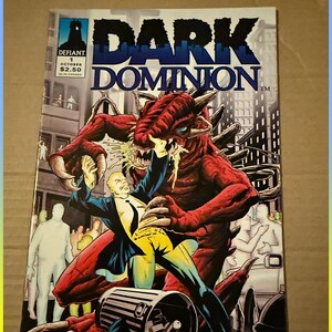 Peut inclure: Une couverture de bande dessinée représentant un monstre rouge avec des cornes et des griffes attaquant un homme en costume. La bande dessinée est intitulée "Dark Dominion" et est le numéro 1. L'illustration de la couverture est dans un style graphique.