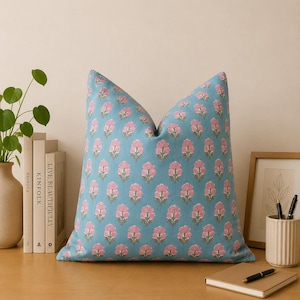 Block Print Pillow Cover, 100% Cotton, Double-Sided Decorative Cushion