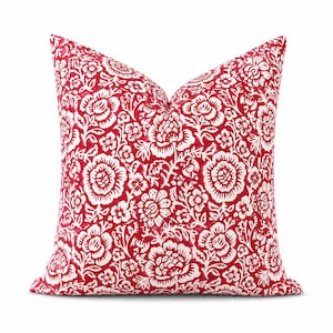 Red Floral Block Print Cotton Pillow Cover – Handmade Indian Boho Cushion