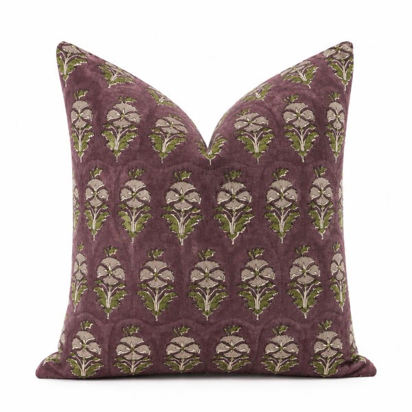 Plum Hand Block Print Pillow, Floral Decorative Cushion Cover for Bench or Sofa