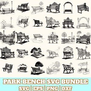 Puede incluir: Una colección de ilustraciones en blanco y negro de bancos de parque en varios estilos. La imagen incluye bancos con detalles ornamentados, diseños simples y bancos con personas sentadas en ellos. El texto "PARK BENCH SVG BUNDLE" está en la parte inferior.