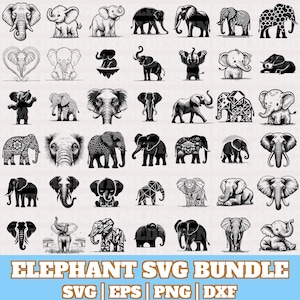 Pode incluir: Uma coleção de gráficos SVG com tema de elefante em vários estilos, incluindo arte de linha, designs geométricos e ilustrações detalhadas. As imagens são em preto e branco, com o texto "ELEPHANT SVG BUNDLE" na parte inferior.