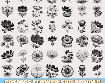 Cosmos Flower Svg Bundle, Cosmos Flower Vector, Cosmos Flower Silhouette, Cosmos Flower PNG Eps Dxf, Floral Clipart Cricut, Digital Download