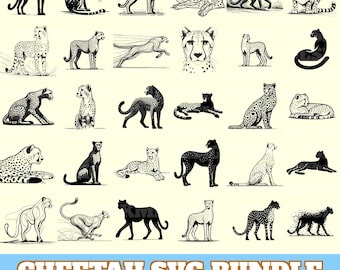 チーターSVGバンドル、チーターベクター、チーターシルエット、チーターSVG PNG EPS Dxf、動物イラストバンドル、オンデマンド印刷、即時ダウンロード