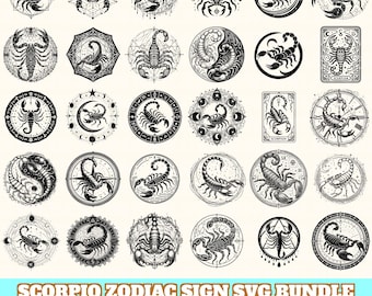 Può includere: Una collezione di disegni del segno zodiacale dello Scorpione in bianco e nero. Ogni design presenta un'illustrazione dettagliata di uno scorpione all'interno di vari cornici geometriche e circolari. Il testo "SCORPIO ZODIAC SIGN SVG BUNDLE" è visualizzato in basso, con le abbreviazioni dei tipi di file.