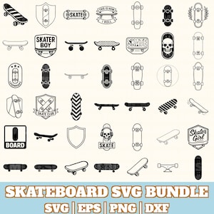 Puede incluir: Una colección de gráficos en blanco y negro con temática de monopatín. Los diseños incluyen varias ilustraciones de monopatines, logotipos con texto como "Skater Boy" y "Skate Club", y las palabras "Skateboard SVG Bundle" en la parte inferior.