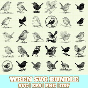 May include: A selection of detailed black and white illustrations of wrens in various poses. Some are perched, others in flight. The text "WREN SVG BUNDLE" is at the bottom, with file type indicators: SVG, EPS, PNG, and DXF.