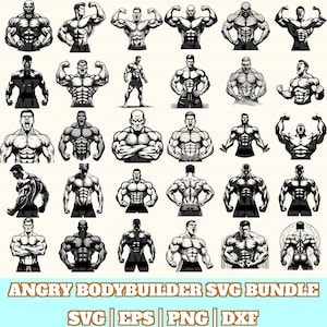 May include: A collection of black and white illustrations of muscular bodybuilders in various poses. The images showcase detailed anatomical features and expressions of strength. Text at the bottom reads "ANGRY BODYBUILDER SVG BUNDLE" with file type indicators.