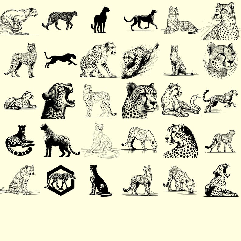 Stylized and Realistic Cheetah Vectors Included
Get a variety of styles—from bold silhouettes to elegant, line-art cheetahs. Great for both minimalistic and detailed graphic projects.